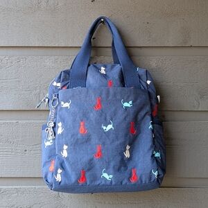 Elettivo Navy Blue Nylon Tote Bag with Embroidered Cat Design Kitty Cat